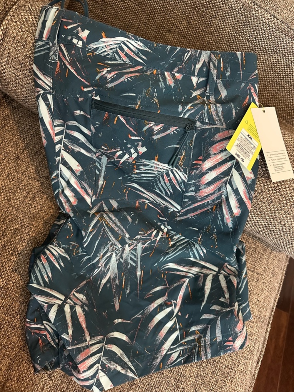 Tropical Leaf Print men’s swim trunks/hybrid shorts in Teal and Coral - Picture 2 of 6